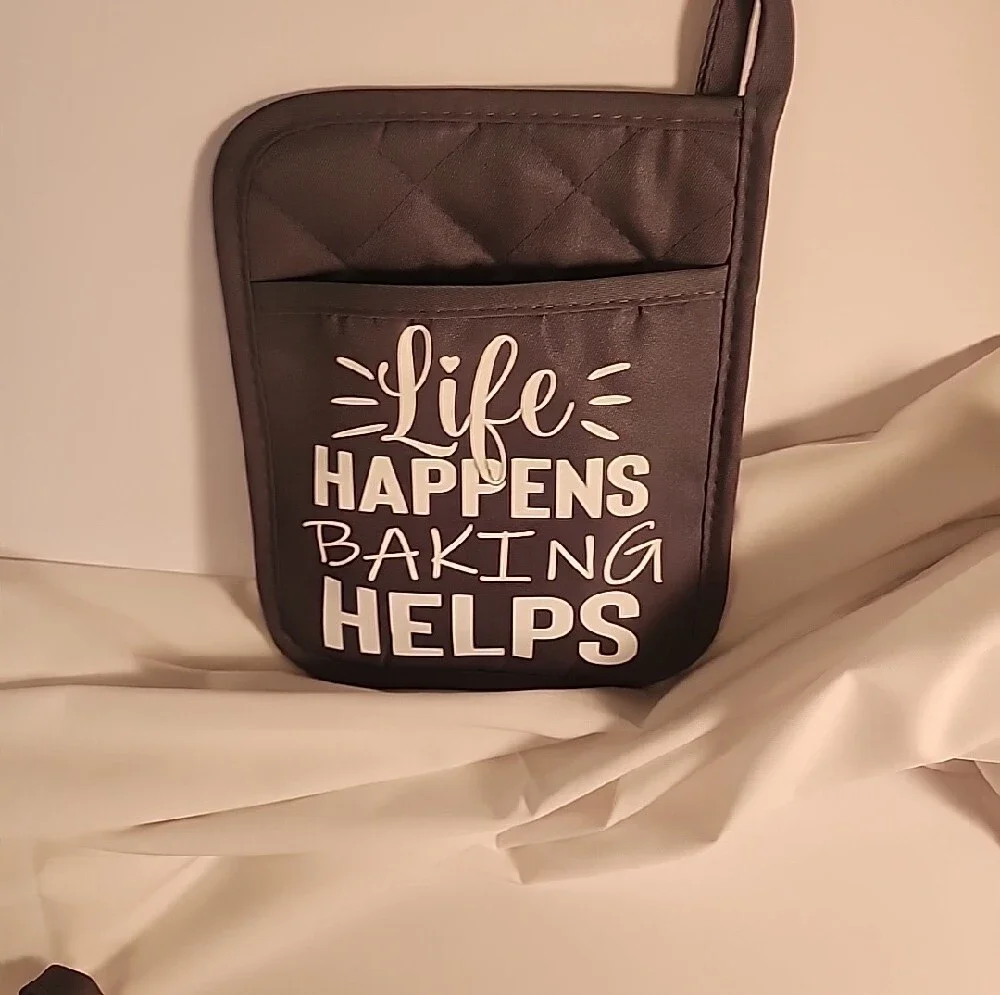 Premium Gray Cotton Pot Holders - With White Vinyl Baking Themed Sayings
